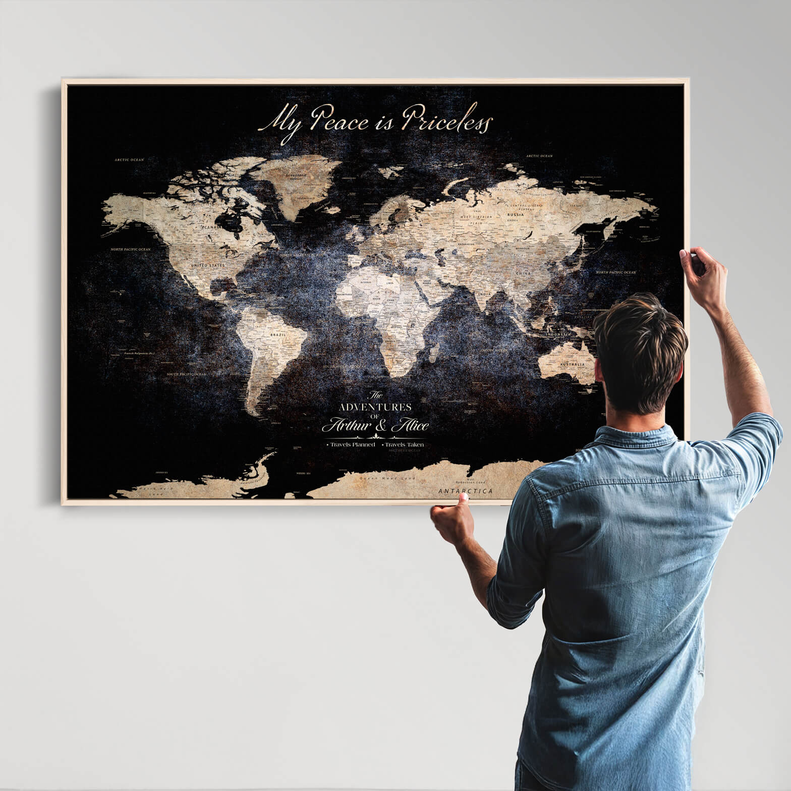 '-Customize Push Pin World Map Wall Canvas Print, Personalized Travel Tracker with Pins, Framed Large Canvas for Home Office Decor - H37
