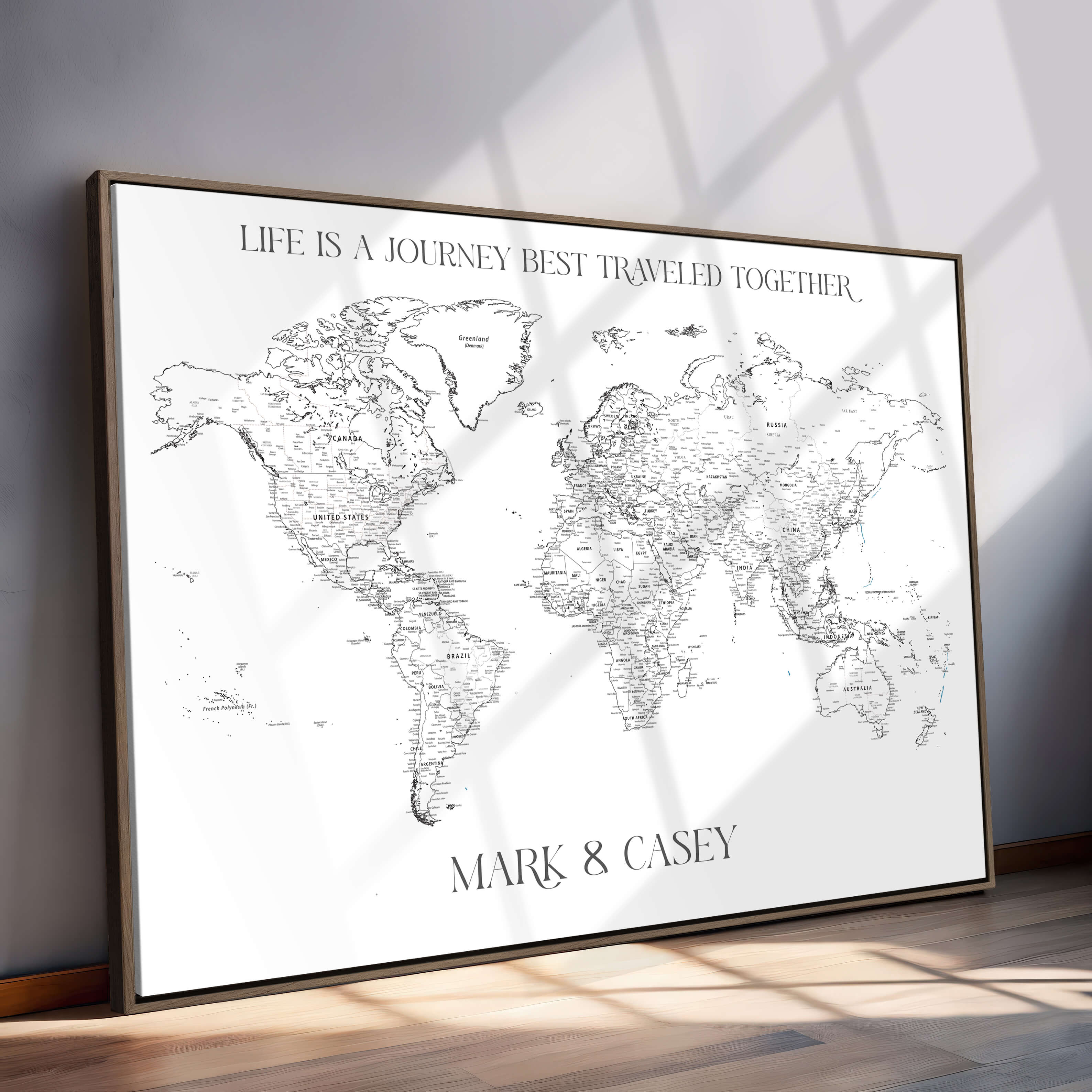 '-Custom World Map Wall Art – Personalized Framed Canvas Print with Push Pins for Travel Tracking, Anniversary or Couple Gift Ideas - H9