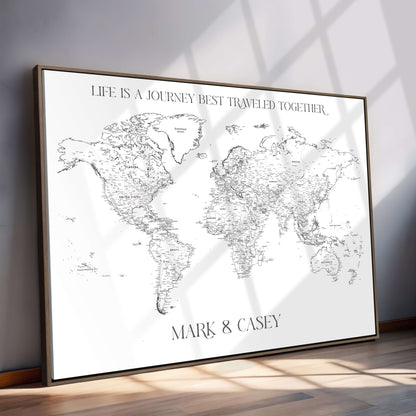 '-Custom World Map Wall Art – Personalized Framed Canvas Print with Push Pins for Travel Tracking, Anniversary or Couple Gift Ideas - H9