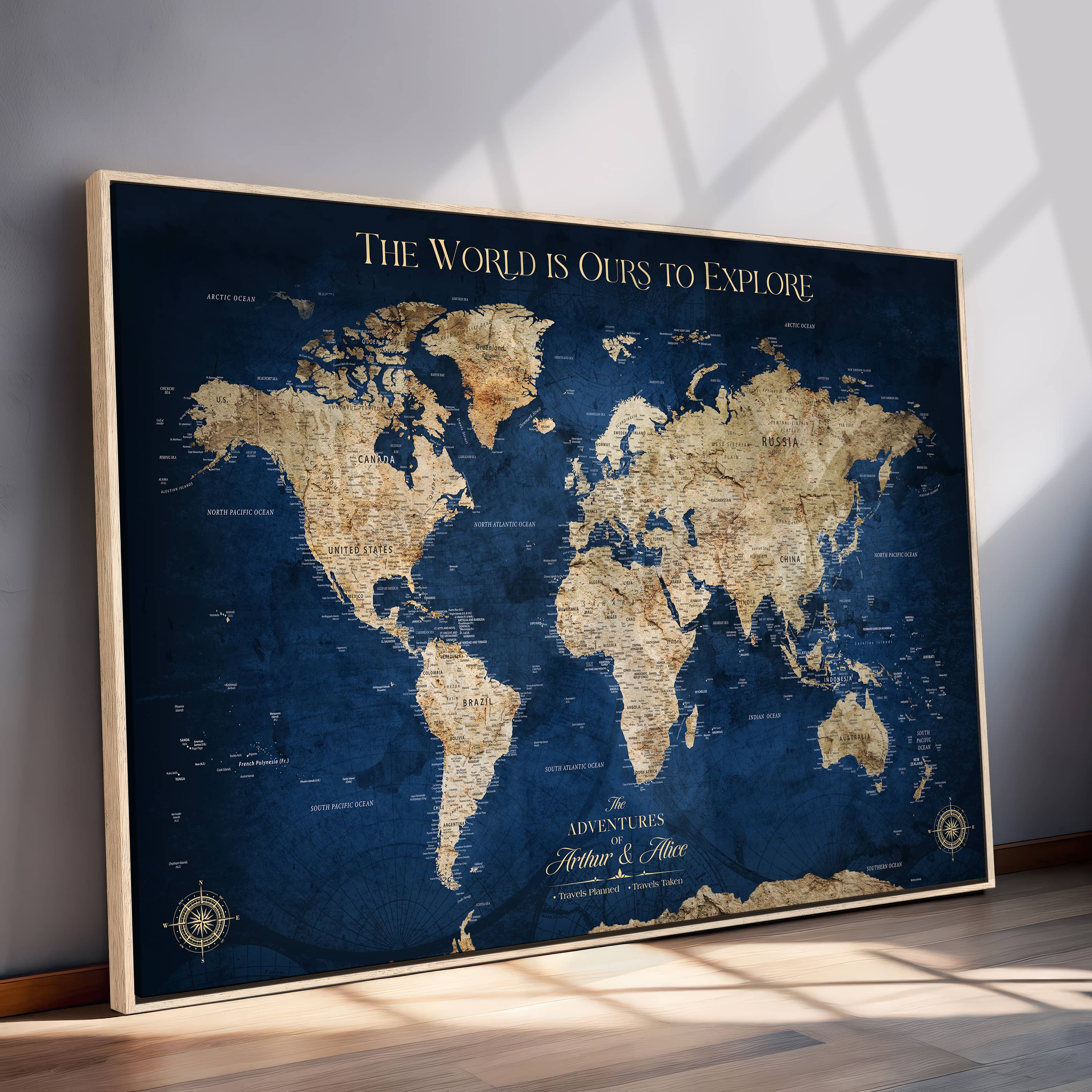 56122A-MGV-CV-36X24-Push Pin World Map Canvas Print – Framed Wall Art for Couples to Track Their Travels – Anniversary Gift or Home Adventure Decor - H2-Orj
