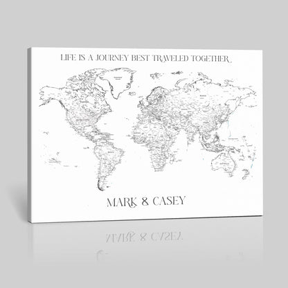 '-Custom World Map Wall Art – Personalized Framed Canvas Print with Push Pins for Travel Tracking, Anniversary or Couple Gift Ideas - H9