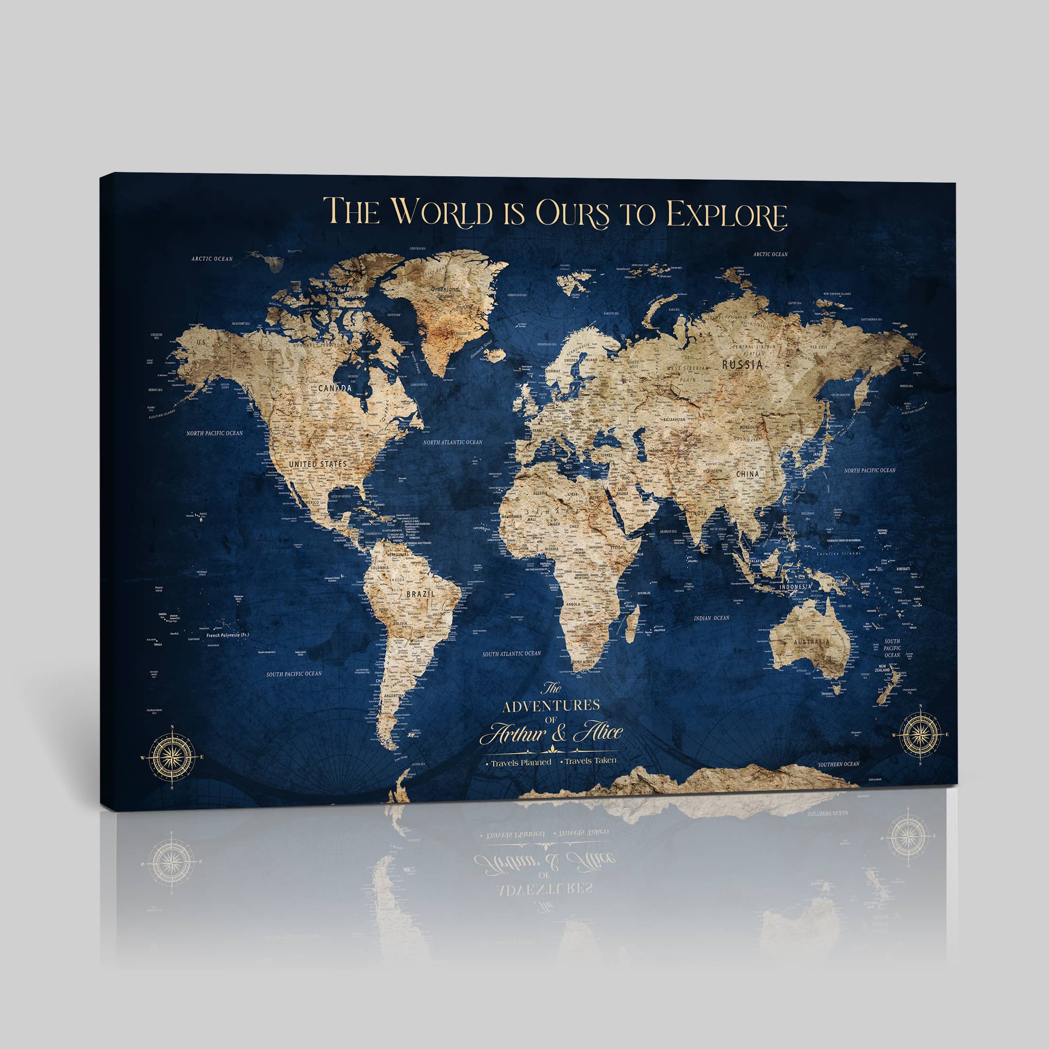 Framed Push Pin World Travel Map – Canvas Wall Print of Where I’ve Been, Old-Style Adventure Map with Pins for Tracking Trips - H2-3