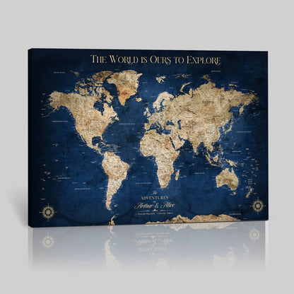Framed Push Pin World Travel Map – Canvas Wall Print of Where I’ve Been, Old-Style Adventure Map with Pins for Tracking Trips - H2-3