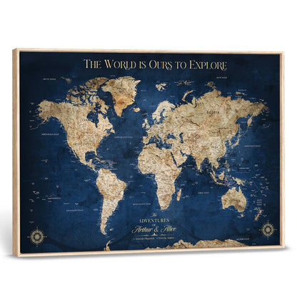 Framed Push Pin World Travel Map – Canvas Wall Print of Where I’ve Been, Old-Style Adventure Map with Pins for Tracking Trips - H2-3