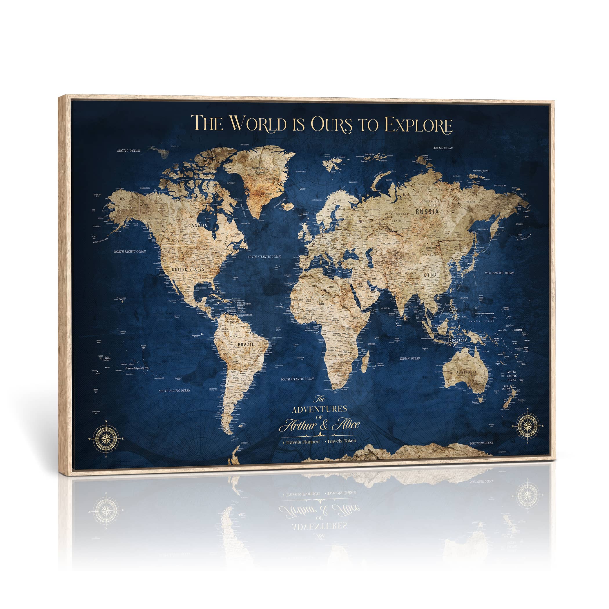 Framed Push Pin World Travel Map – Canvas Wall Print of Where I’ve Been, Old-Style Adventure Map with Pins for Tracking Trips - H2-3