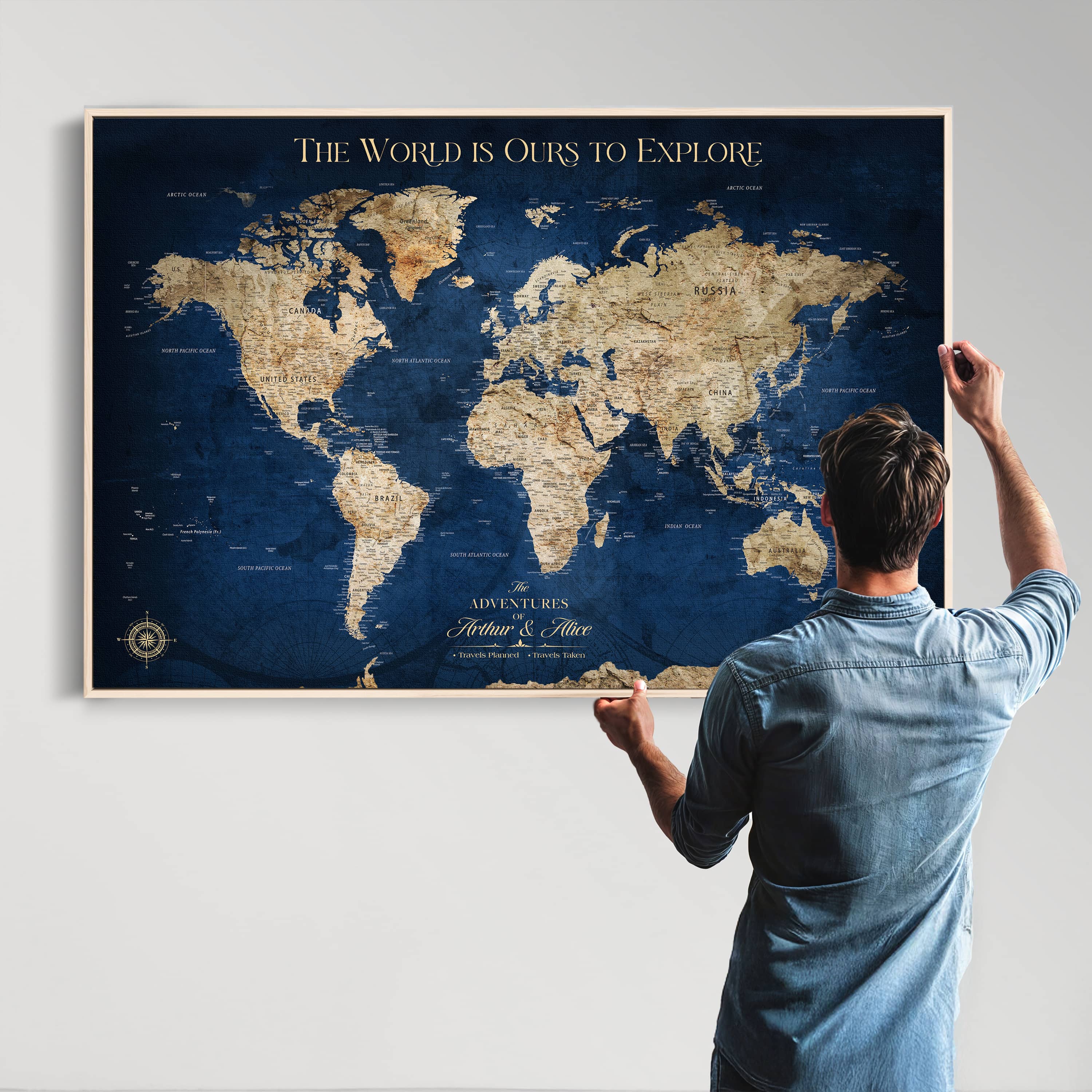 56122A-MGV-CV-36X24-Push Pin World Map Canvas Print – Framed Wall Art for Couples to Track Their Travels – Anniversary Gift or Home Adventure Decor - H2-Orj