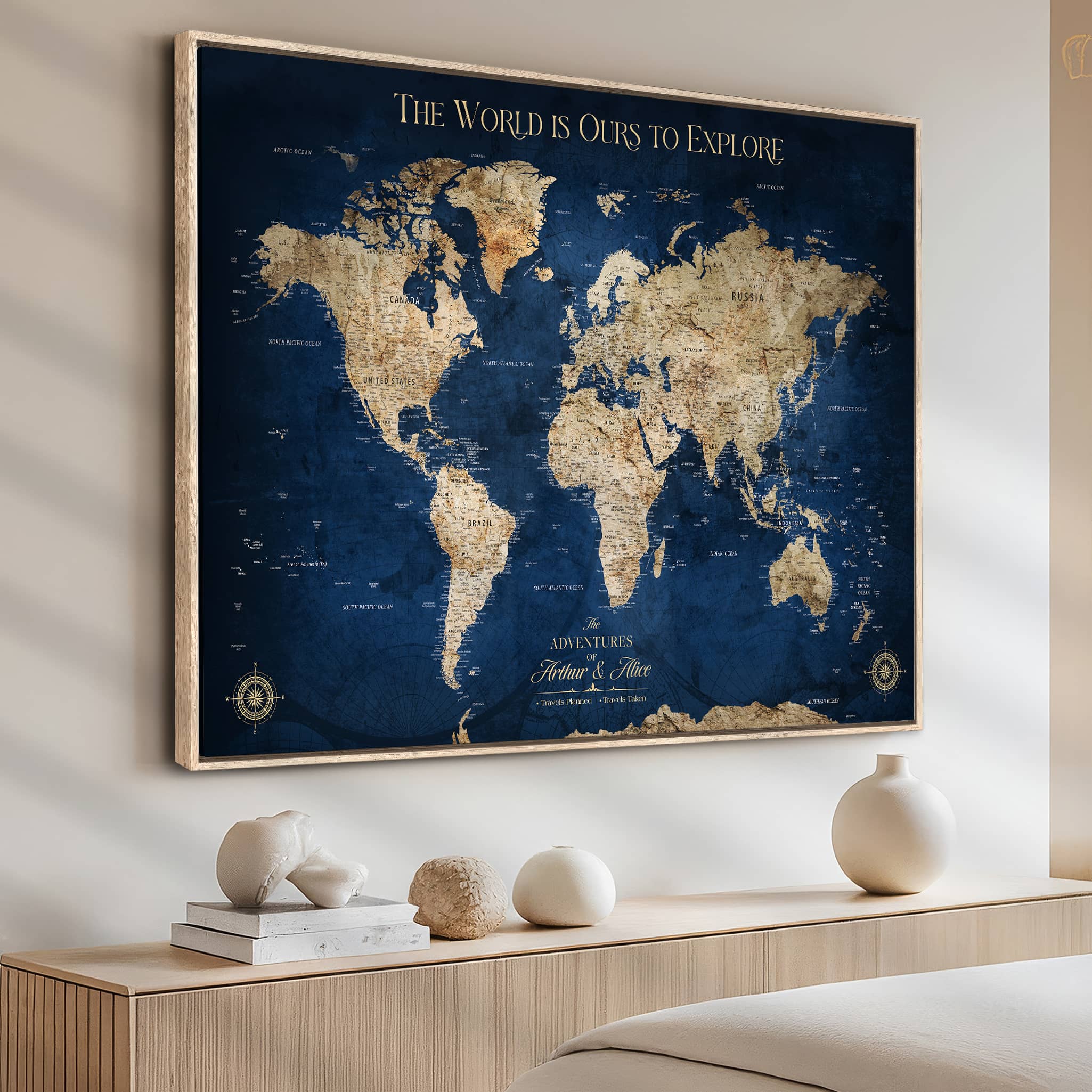 56122A-MGV-CV-36X24-Push Pin World Map Canvas Print – Framed Wall Art for Couples to Track Their Travels – Anniversary Gift or Home Adventure Decor - H2-Orj