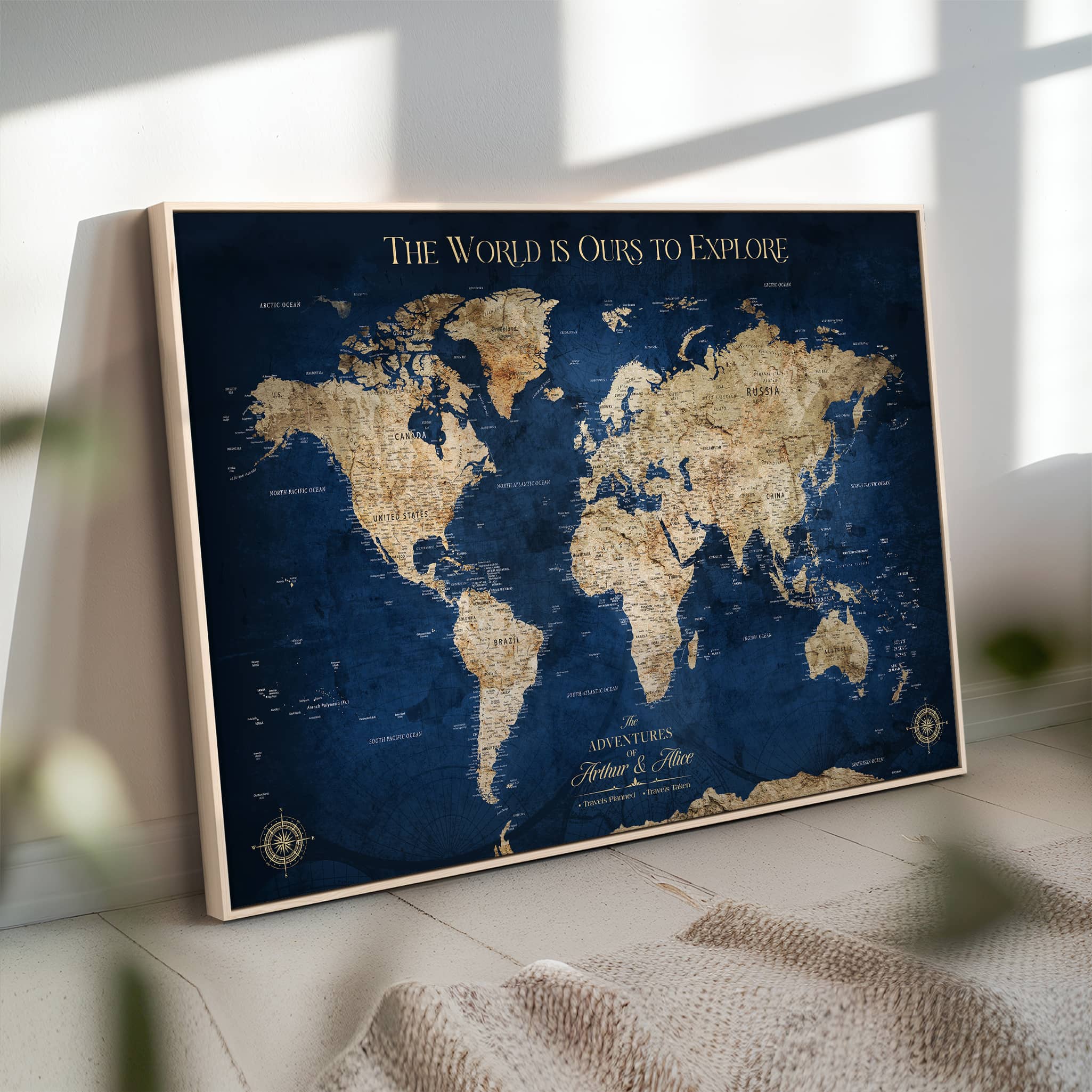 56122A-MGV-CV-36X24-Push Pin World Map Canvas Print – Framed Wall Art for Couples to Track Their Travels – Anniversary Gift or Home Adventure Decor - H2-Orj