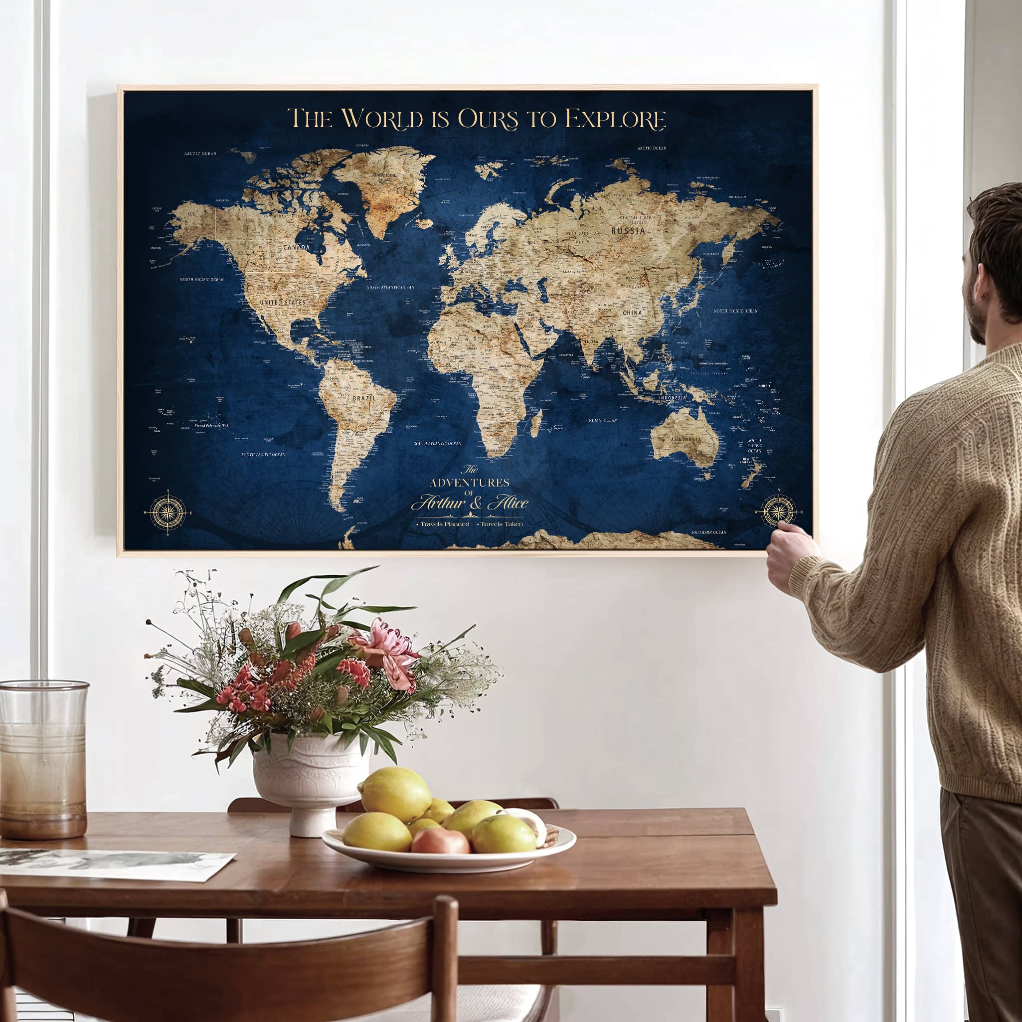 56122A-MGV-CV-36X24-Push Pin World Map Canvas Print – Framed Wall Art for Couples to Track Their Travels – Anniversary Gift or Home Adventure Decor - H2-Orj