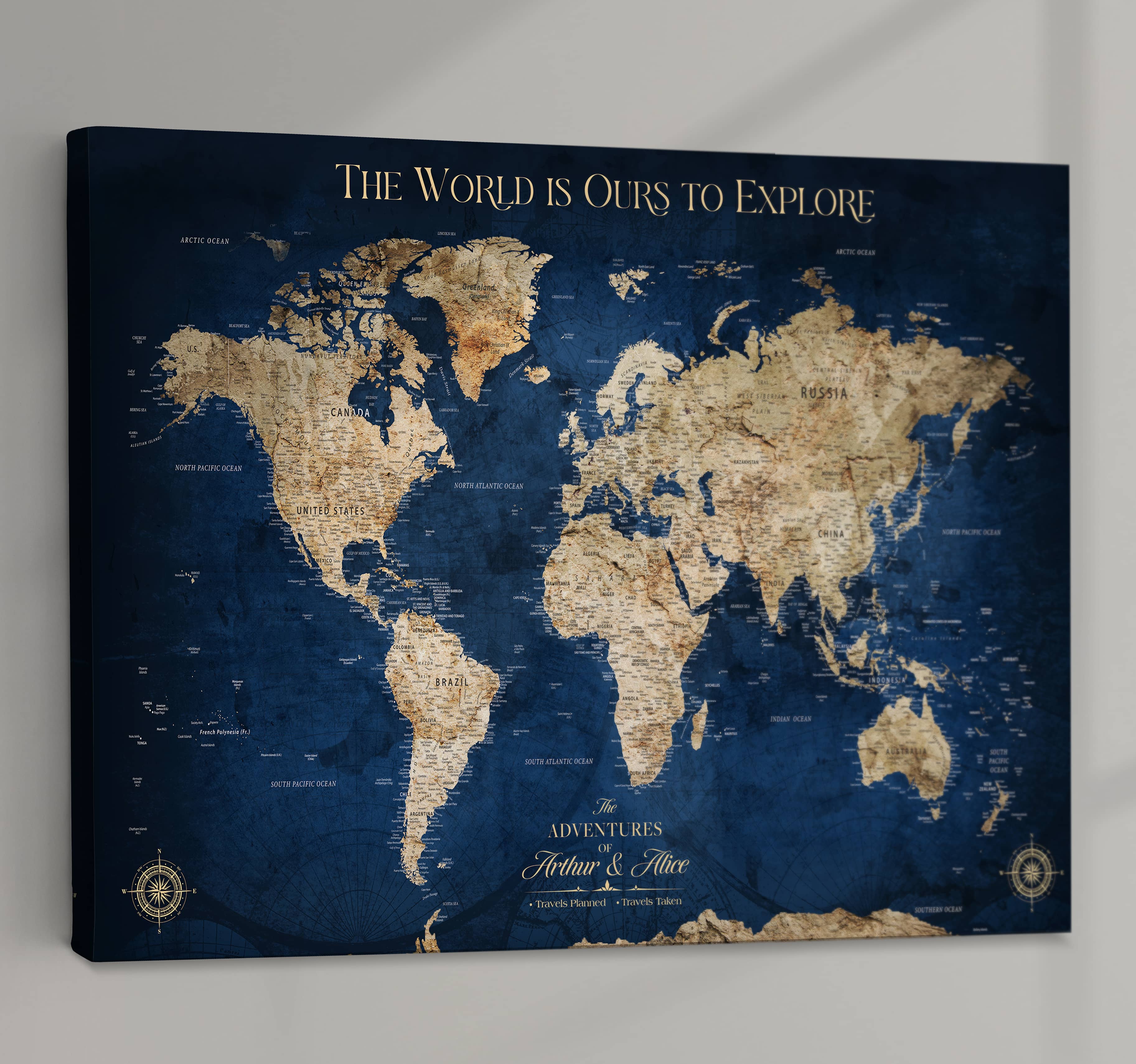 Framed Push Pin World Travel Map – Canvas Wall Print of Where I’ve Been, Old-Style Adventure Map with Pins for Tracking Trips - H2-3