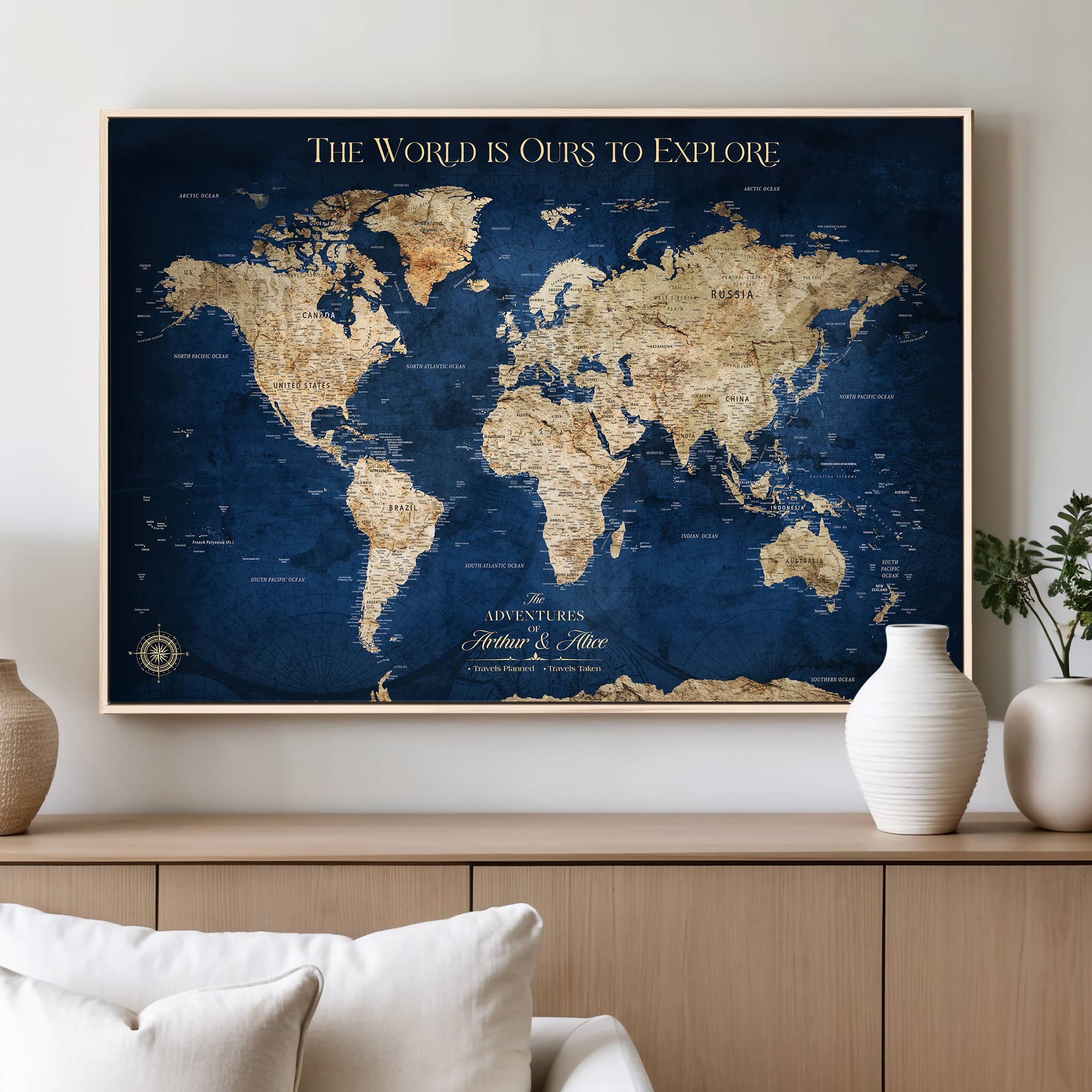 56122A-MGV-CV-36X24-Push Pin World Map Canvas Print – Framed Wall Art for Couples to Track Their Travels – Anniversary Gift or Home Adventure Decor - H2-Orj
