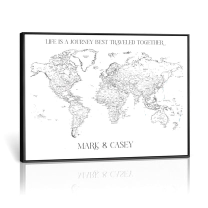 '-Custom World Map Wall Art – Personalized Framed Canvas Print with Push Pins for Travel Tracking, Anniversary or Couple Gift Ideas - H9