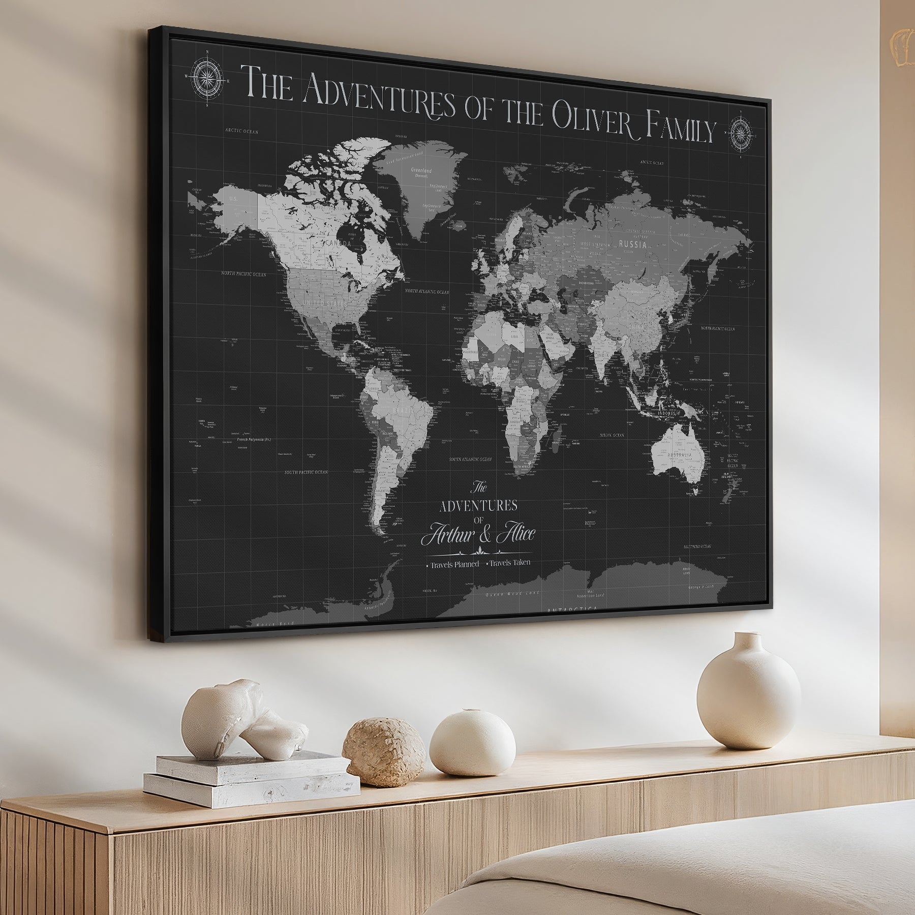 58711315-MGV-CV-36X24-Custom Push Pin World Map Wall Canvas Print – Personalized Travel Tracker with Pins – Framed Large Multi-Size Canvas for Home Office Decor