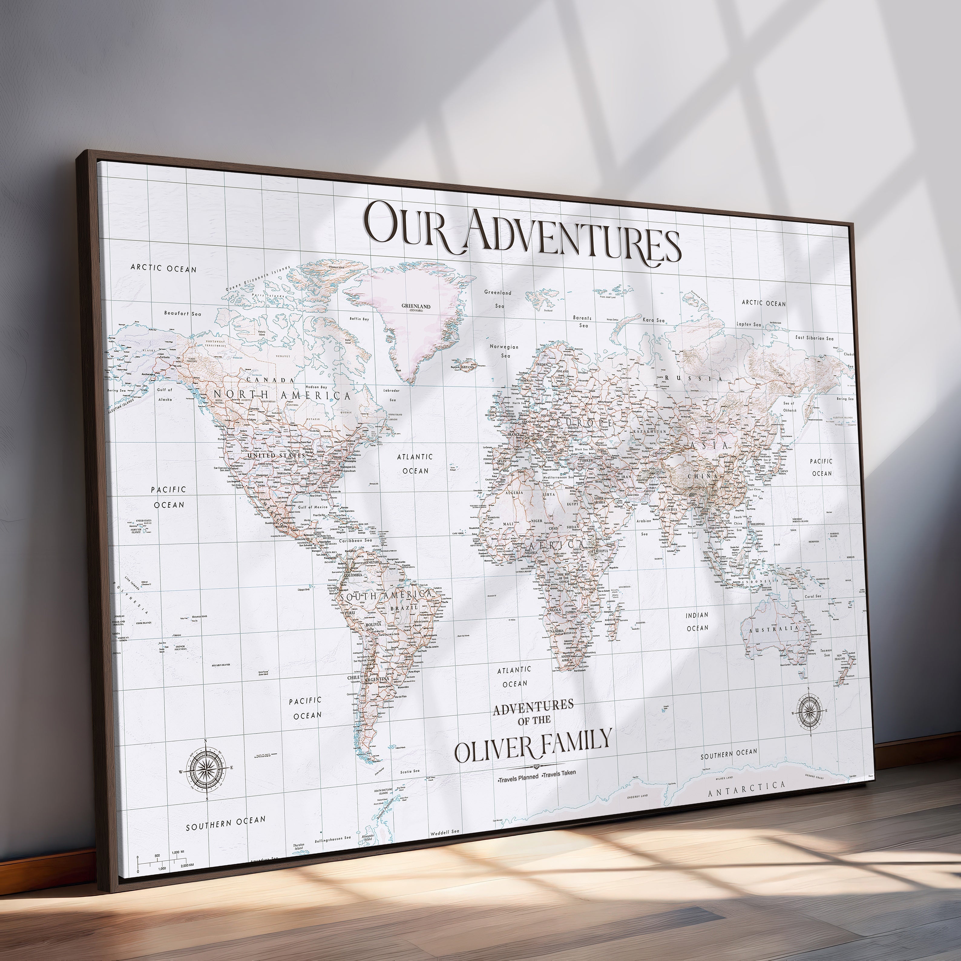 40041157-MGV-CV-36X24-Custom Push Pin World Map Wall Canvas Print – Personalized Travel Tracker with Pins – Framed Large Multi-Size Canvas for Home Office Decor