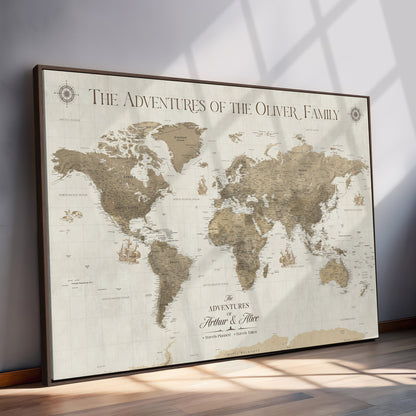 40119313-MGV-CV-36X24-World Travel Map with Pins – Push Pin Maps of Where I've Been, Framed Wall Map for Travel Memories, Old Style Decorative World Map - H12