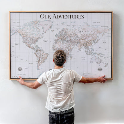 40041157-MGV-CV-36X24-Custom Push Pin World Map Wall Canvas Print – Personalized Travel Tracker with Pins – Framed Large Multi-Size Canvas for Home Office Decor