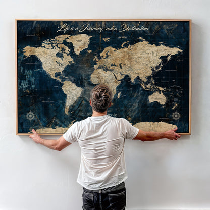 23551206-MGV-CV-36X24-Custom Push Pin World Map Wall Canvas Print – Personalized Travel Tracker with Pins – Framed Large Multi-Size Canvas for Home Office Decor