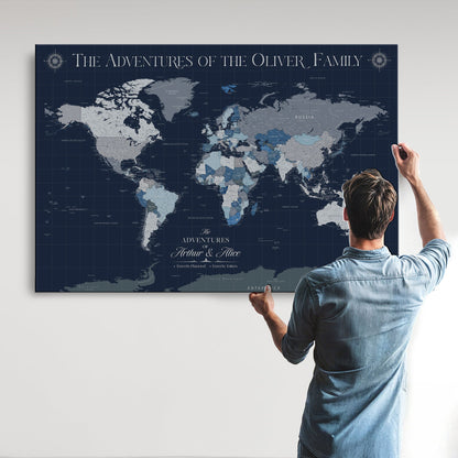 11352707-MGV-CV-36X24-Custom Push Pin World Map Wall Canvas Print – Personalized Travel Tracker with Pins – Framed Large Multi-Size Canvas for Home Office Decor