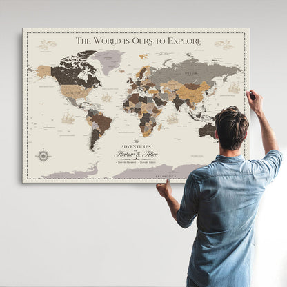 77826024-MGV-CV-36X24-Personalized Travel Map Canvas Print – Custom Framed Push Pin World Art Gift for Couples, Anniversaries, or Explorer-Themed Decor