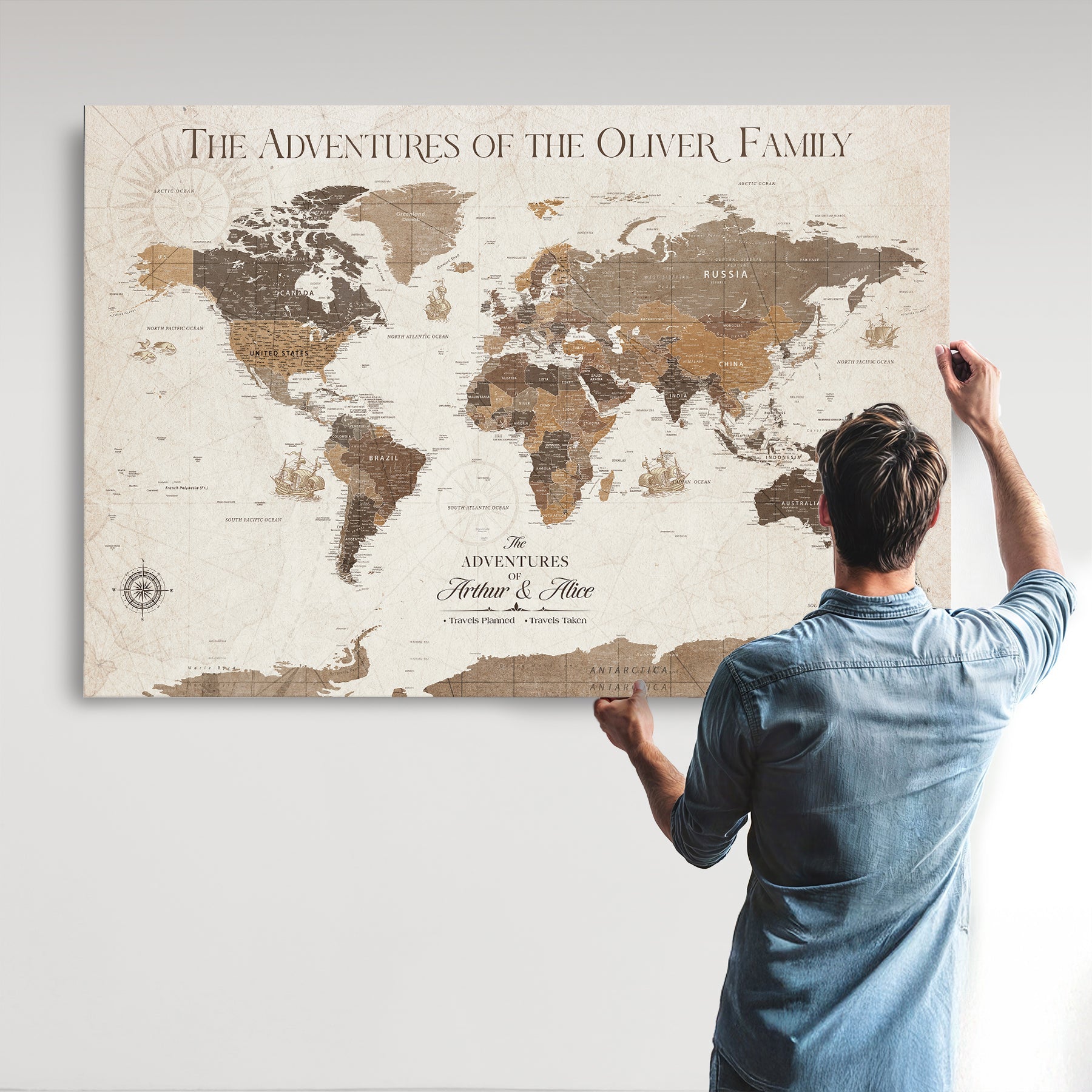 84483613-MGV-CV-36X24-Custom Push Pin World Map Wall Canvas Print – Personalized Travel Tracker with Pins – Framed Large Multi-Size Canvas for Home Office Decor