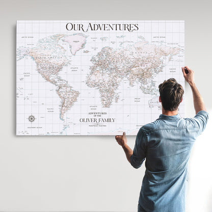 40041157-MGV-CV-36X24-Custom Push Pin World Map Wall Canvas Print – Personalized Travel Tracker with Pins – Framed Large Multi-Size Canvas for Home Office Decor