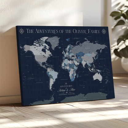 11352707-MGV-CV-36X24-Custom Push Pin World Map Wall Canvas Print – Personalized Travel Tracker with Pins – Framed Large Multi-Size Canvas for Home Office Decor
