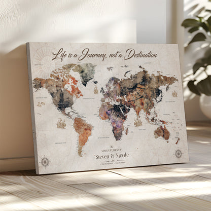 96000140-MGV-CV-36X24-Custom Push Pin World Map Wall Canvas Print – Personalized Travel Tracker with Pins – Framed Large Multi-Size Canvas for Home Office Decor