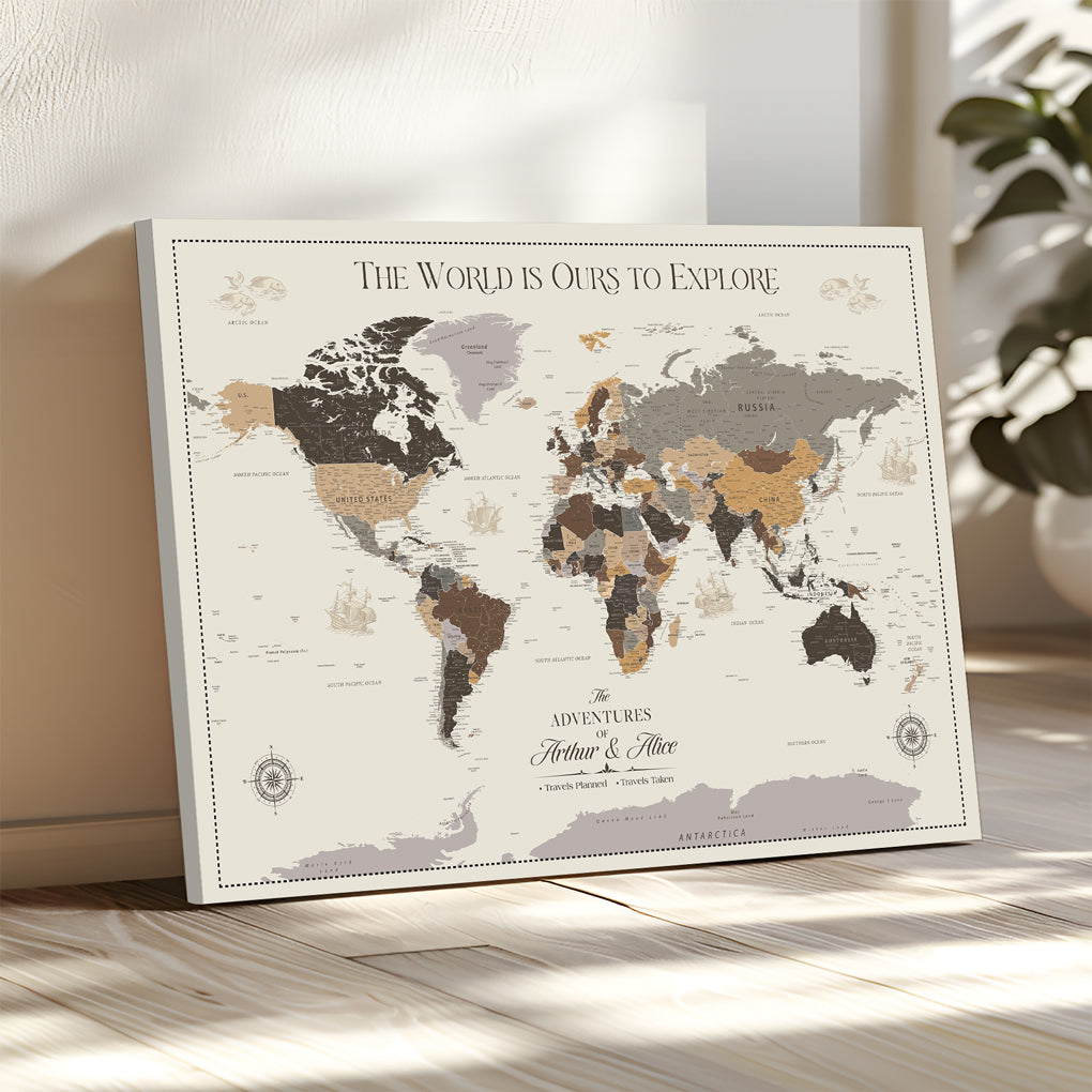 '-Framed Personalized World Map Push Pin Custom Travel Memory Gift Anniversary Canvas Wall Art for Couple Family Explorer Decor - H3O