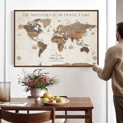84483613-MGV-CV-36X24-Custom Push Pin World Map Wall Canvas Print – Personalized Travel Tracker with Pins – Framed Large Multi-Size Canvas for Home Office Decor