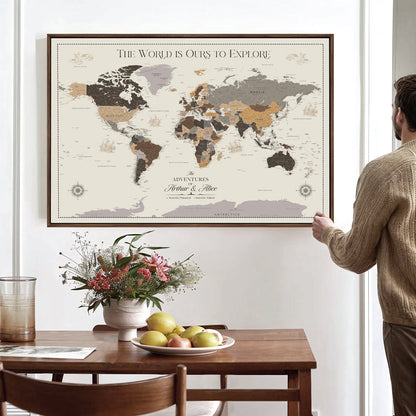 77826024-MGV-CV-36X24-Personalized Travel Map Canvas Print – Custom Framed Push Pin World Art Gift for Couples, Anniversaries, or Explorer-Themed Decor
