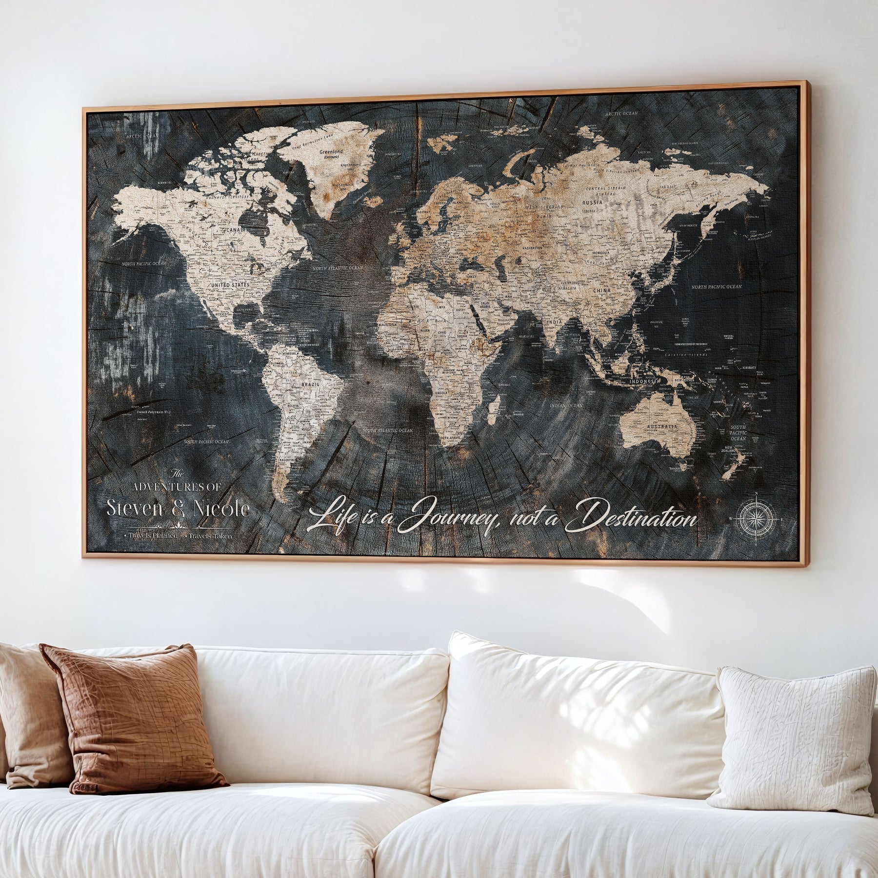 13001721-MGV-CV-36X24-Custom Push Pin World Map Wall Canvas Print – Personalized Travel Tracker with Pins – Framed Large Multi-Size Canvas for Home Office Decor
