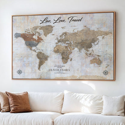 76256172-MGV-CV-36X24-Custom Push Pin World Map Wall Canvas Print – Personalized Travel Tracker with Pins – Framed Large Multi-Size Canvas for Home Office Decor