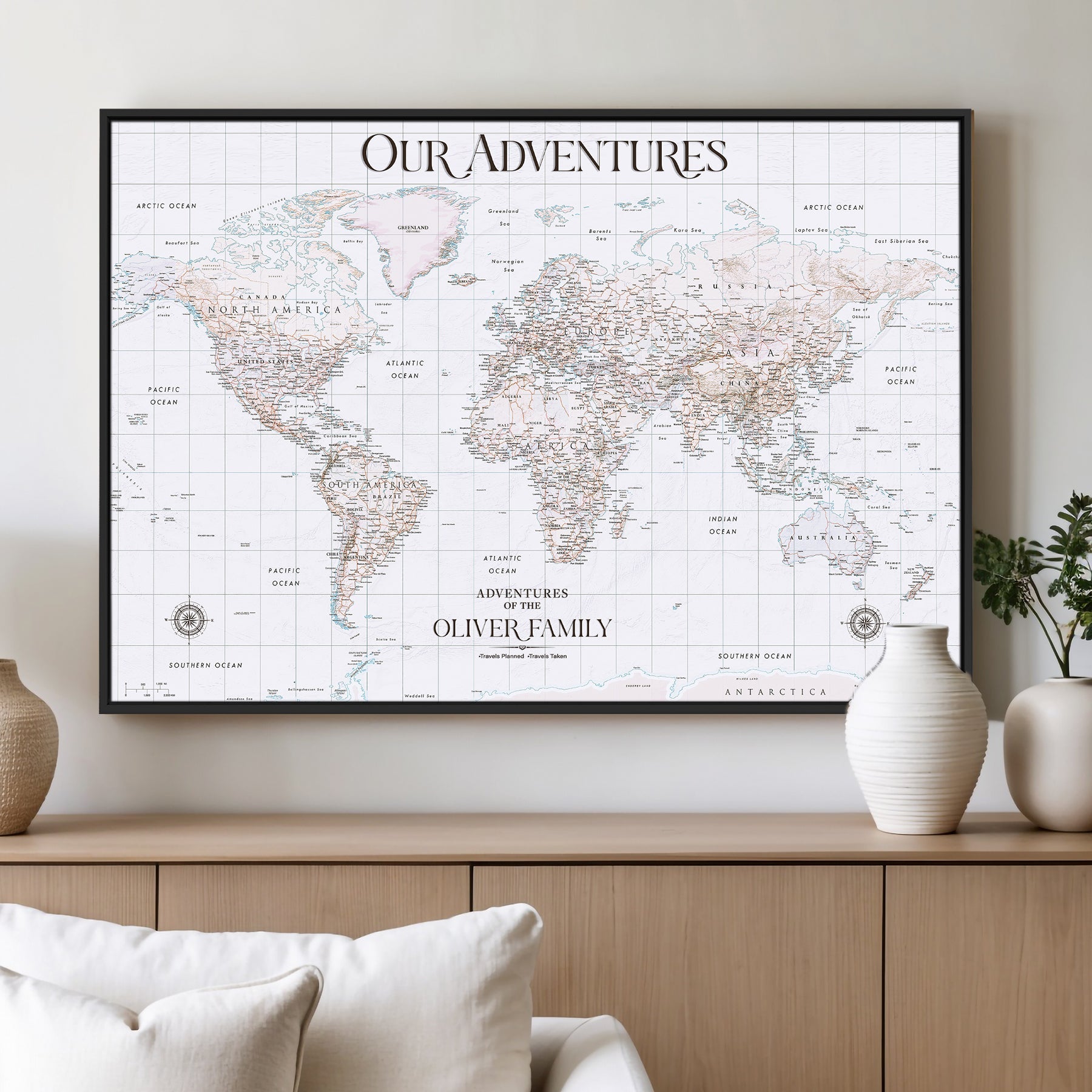 40041157-MGV-CV-36X24-Custom Push Pin World Map Wall Canvas Print – Personalized Travel Tracker with Pins – Framed Large Multi-Size Canvas for Home Office Decor
