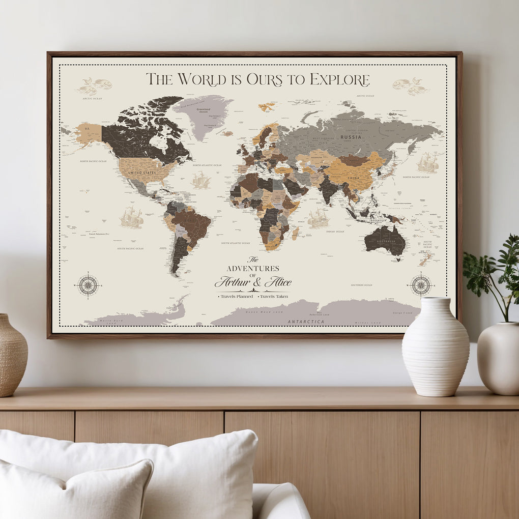 77826024-MGV-CV-36X24-Personalized Travel Map Canvas Print – Custom Framed Push Pin World Art Gift for Couples, Anniversaries, or Explorer-Themed Decor