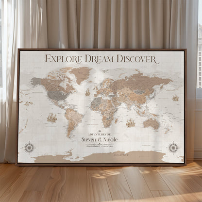 95738134-MGV-CV-36X24-Custom Push Pin World Map Wall Canvas Print – Personalized Travel Tracker with Pins – Framed Large Multi-Size Canvas for Home Office Decor