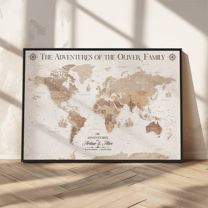58395047-MGV-CV-36X24-Custom Push Pin World Map Wall Canvas Print – Personalized Travel Tracker with Pins – Framed Large Multi-Size Canvas for Home Office Decor