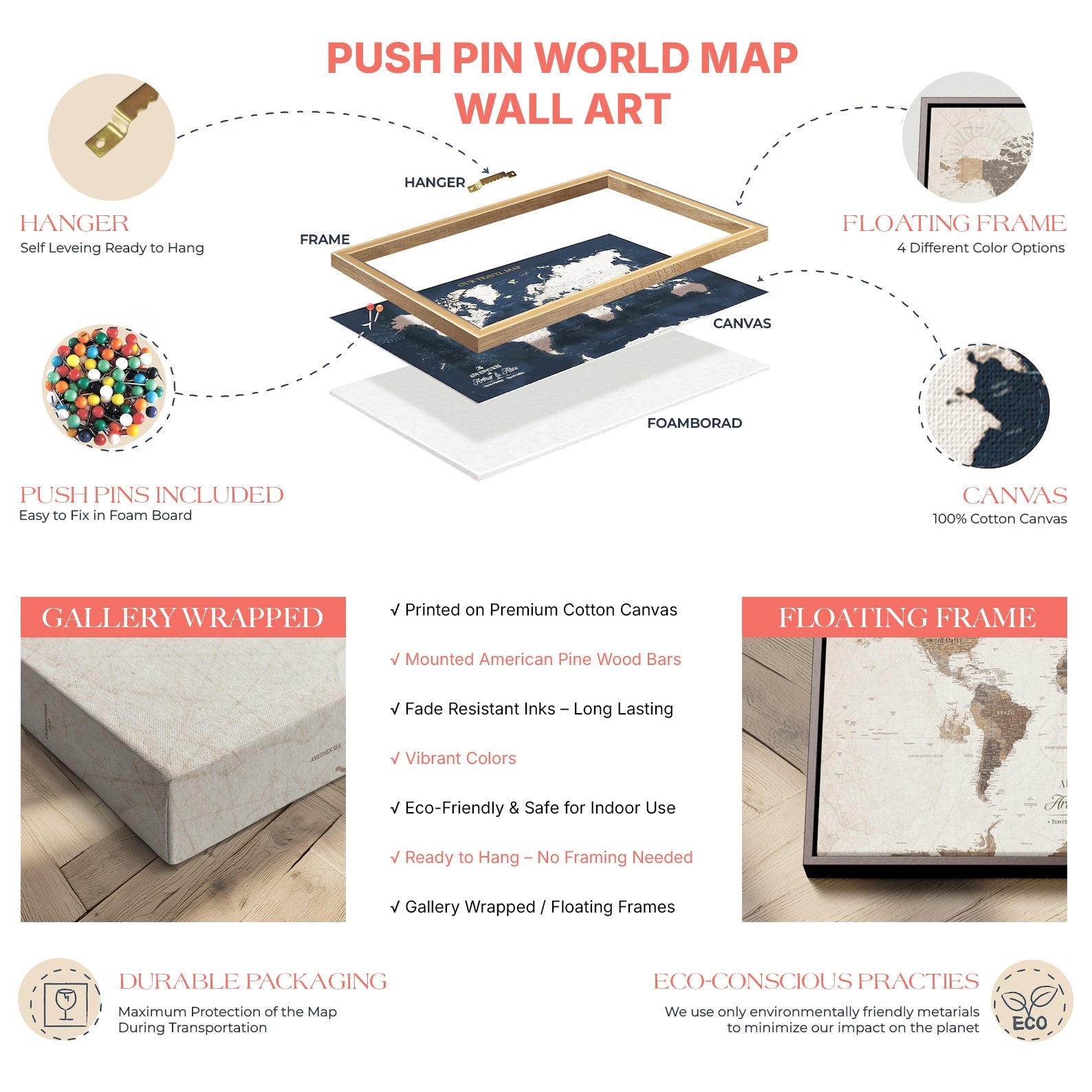 '-Travel Tracker World Map – Framed Push Pin Canvas Art to Mark Each Journey, Perfect for Living Room, Entryway, or Workspace Walls - H26