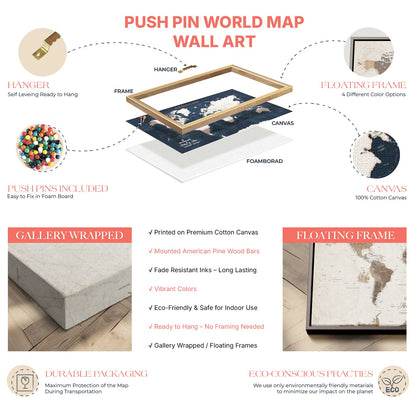 '-Push Pin World Travel Map – Framed Canvas Wall Art to Track Trips and Highlight Favorite Destinations, Elegant Decorative Piece - H25