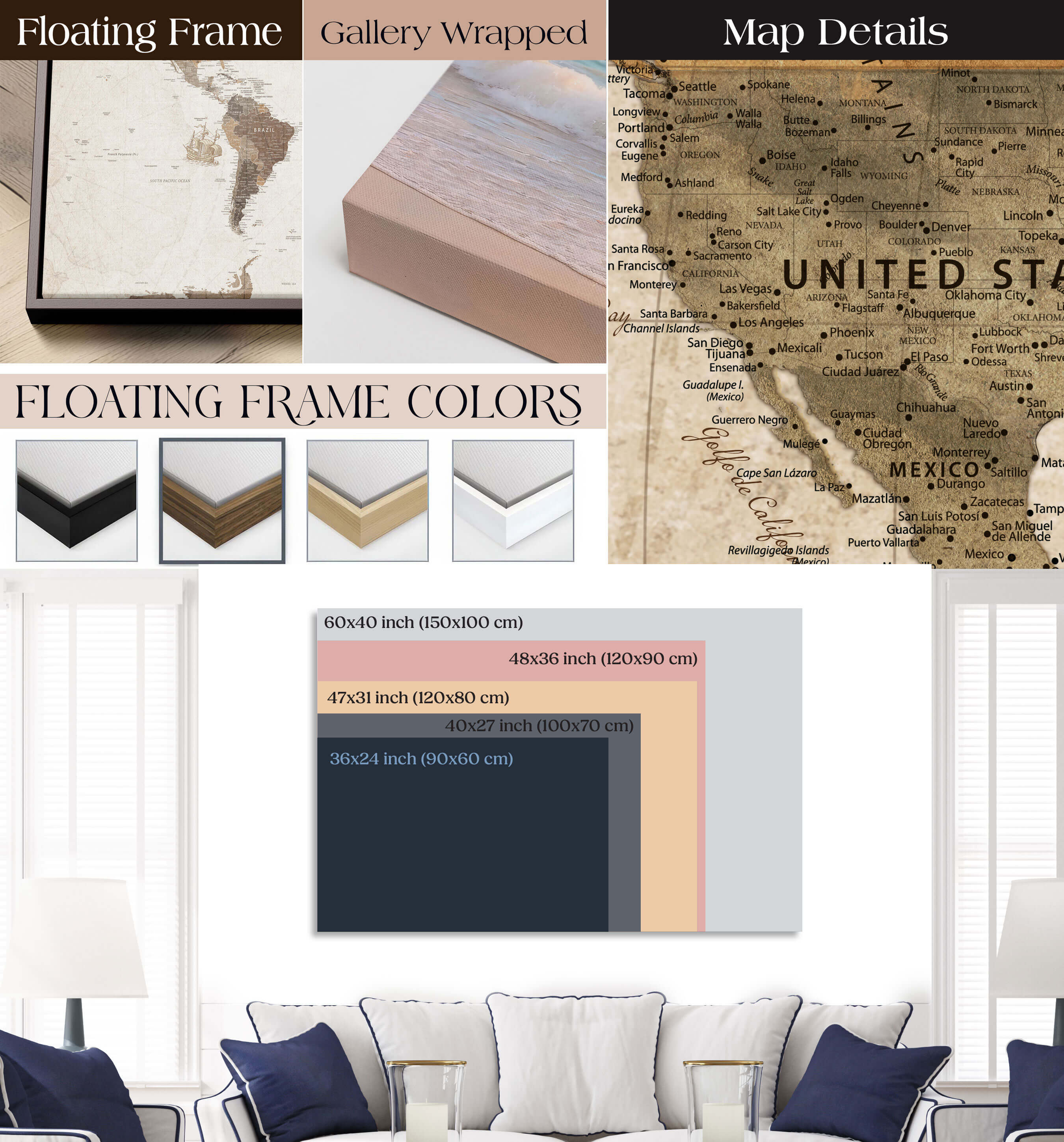 '-Push Pin World Travel Map – Framed Canvas Wall Art to Track Trips and Highlight Favorite Destinations, Elegant Decorative Piece - H25